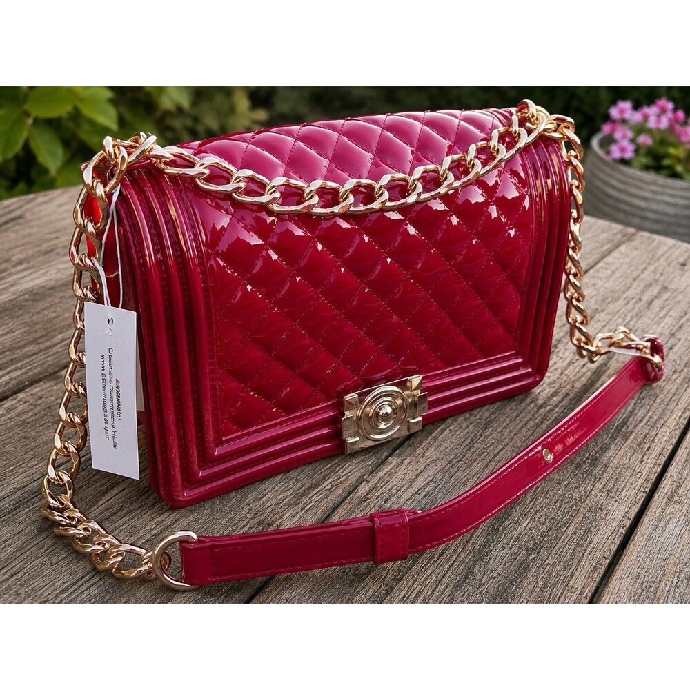 NEW Ruby Red Jelly Patent Quilted Crossbody Shoulder Handbag Gold Chain Purse
